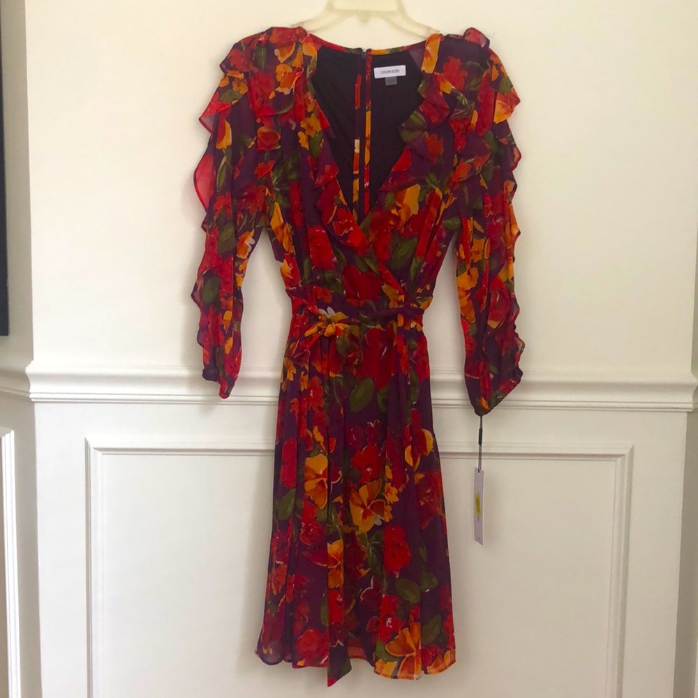Calvin Klein floral faux wrap dress with long ruffle sleeves